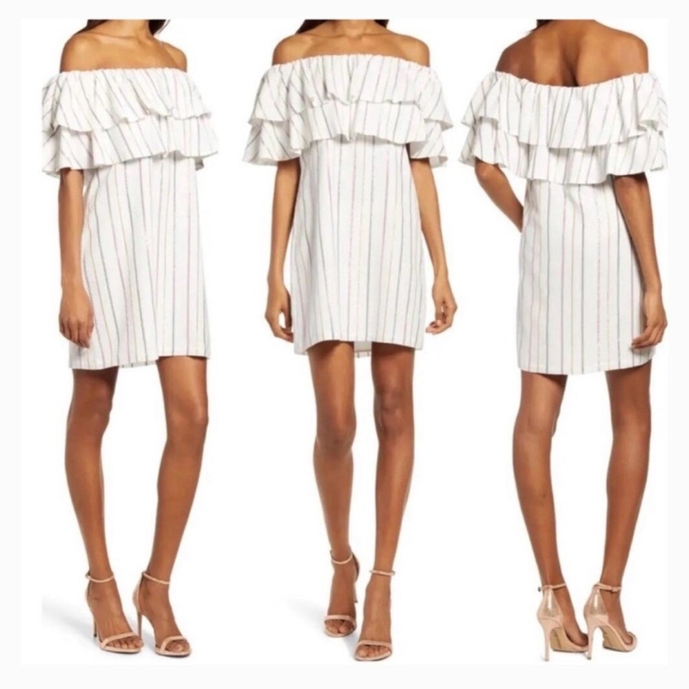 Charles Henry White Off-Shoulder Ruffle Stripe Dress